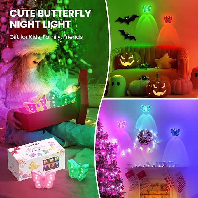 LOFTEK Butterfly Night Light, Rechargeable Motion Sensor Night Lights, 2 Color Modes & Dimmable RGB Nightlight, Stick on Wall, Bedside, Bathroom, Hallway, Stairs, Cabinet (Pink, 1 Pack)