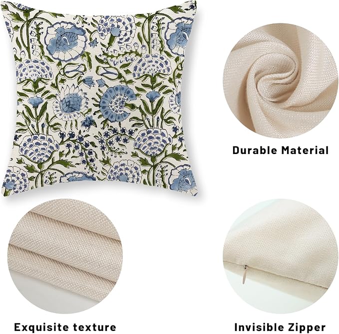 Boho Navy Blue Pillow Covers 20x20 Inch Set of 2 Blue Sage Green Floral Throw Pillows Vintage Flower Outdoor Decorative Pillow Cases Farmhouse Linen Cushion Cover Decor for Couch Sofa Decor