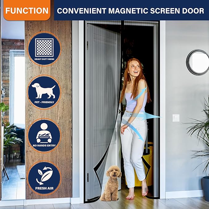 Magnetic Screen Door,Screen Door Mesh,Keep Bugs Out, Heavy-Duty Mesh Curtain,Pet and Kid Friendly, Works with Front Doors, Sliding Doors(32x80 Inch Black