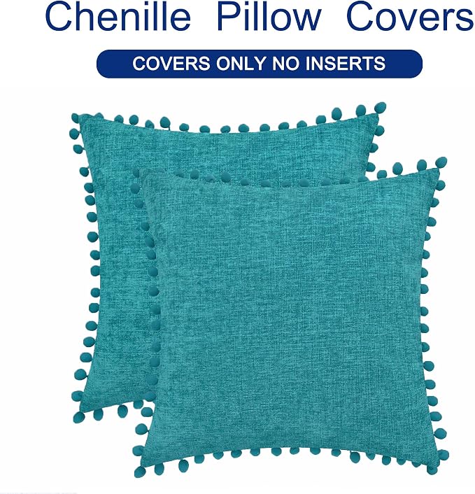 CaliTime Decorative Couch Throw Pillow Covers 18 X 18 Inches Lake Blue | Pack of 2, Cozy Chenille Cushion Cases, with Pom Poms for Sofa Bed Living Room Farmhouse Home