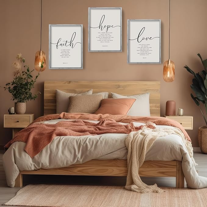 Houmury Set of 3 Framed Farmhouse Bible Verses Wall Decor Sign 11”x14” Christian Faith Scripture Wall Art for Home Bedroom Wall Decor (11"x14" Grey)