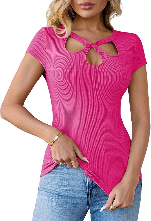 Pink Queen Sexy Tops for Women Cutout Keyhole Neck Cap Sleeve Shirts Casual Summer Clothes 2026 Fashion