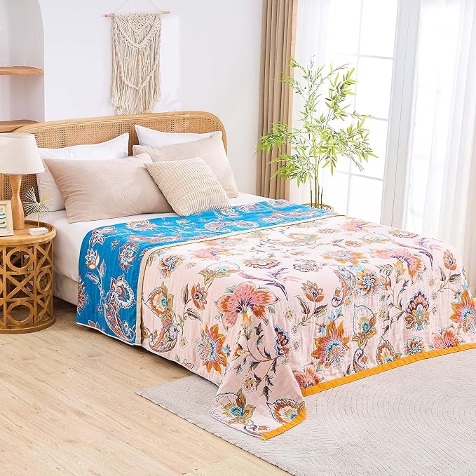 XIBLC Boho Throw Blanket for Bed, 100% Cotton Soft Rustic Quilt Fall Blanket, 60"x80" Floral Printed Farmhouse Decor Bed Blankets, All Season Rustic Reversible Bohemian Throw Quilt