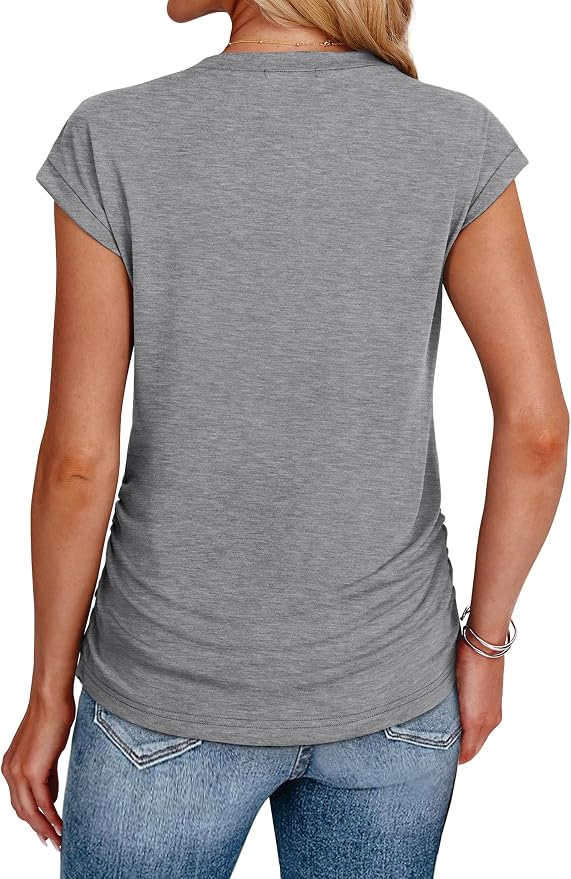 Sampeel Womens Summer Tops Trendy 2026 Ruched Cap Short Sleeve Tshirts Shirts Crew Neck T Shirts Fashion