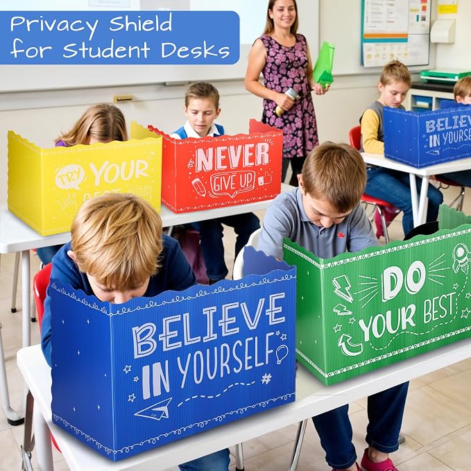 24-Pcs Desk Dividers for Students, Durable Plastic Study Dividers, 4-Colors | Waterproof, Easy-to-Clean Plastic, Freestanding, Fold-Flat Privacy Folders for Classroom, Exam, Library, Office and School