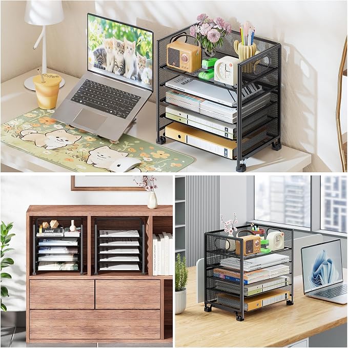 Simple Trending 5-Tier Paper Tray Organizer, File Organizer for Desk, Black | Letter Tray Holder with Handle. Sturdy Metal Frame. Non-slip Feet. Black for Office Home School. 13.25"L x 9.25"W x 13"H