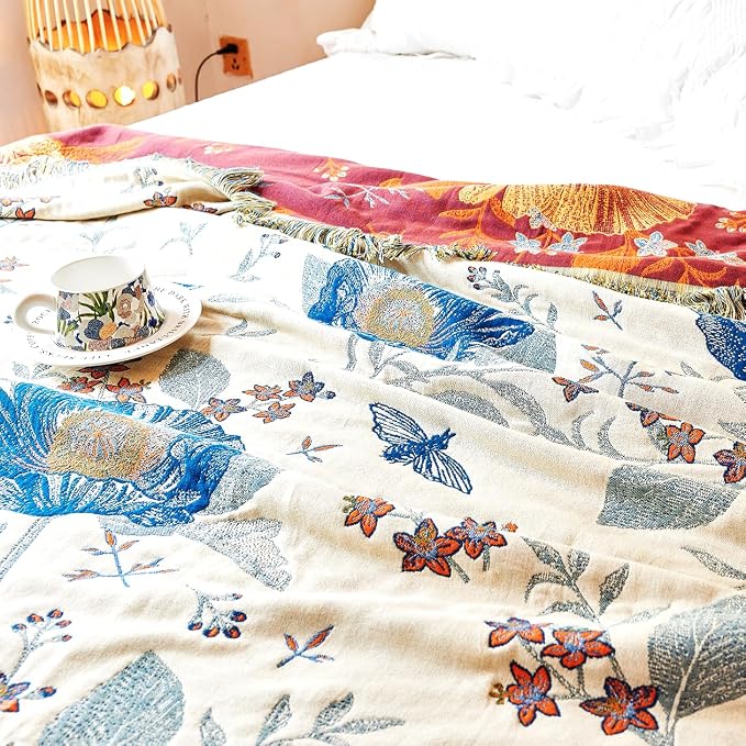 VANJOROY Boho Throw Blanket, 100% Organic Cotton Breathable Ultra Soft Bed Quilt Throw - All Season Floral Bird Butterfly Farmhouse Decor Blanket for Sofa Couch Chair and Gift. 60" x 80"