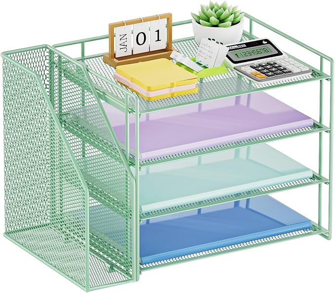 Marbrasse 4-Tier Paper Tray Organizer with File Holder, Green | Sturdy Paper Tray, Built-in File Holder, fits Letters/Docs, Saves Desk Space, for School/Office/Home