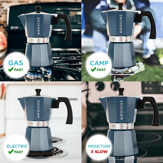 GROSCHE Milano Stovetop Espresso Maker Moka Pot 9 Espresso Cup, 15.2 oz, Blue. Stove top Coffee Maker Moka Italian Espresso greca Coffee Maker Brewer Percolator | Cuban Coffee Maker And Italian Moka Pot For Stovetop Espresso; For Gas, Electric, And Pro...