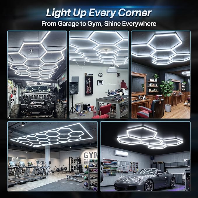 HYPERLITE Gen 2 Hexagon Garage Light, Upgraded 3 Level Dimmable 624W 62400LM Super Bright Garage Detailing Lights, 15 Grids with Rectangle Frame Shop Light, Hexagon LED Lights for Gym