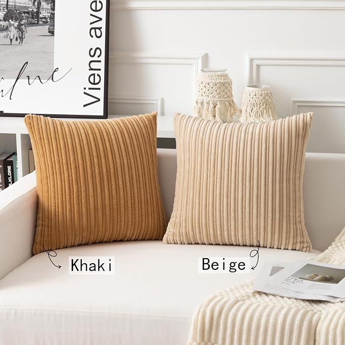 UGASA Velvet 24x24 Inch Soft Throw Pillow Cover Boho Farmhouse Decorative Corduroy Striped Both Sides Solid Square Cushion Case for Couch Bedroom Sofa Home, 1 Piece, Beige