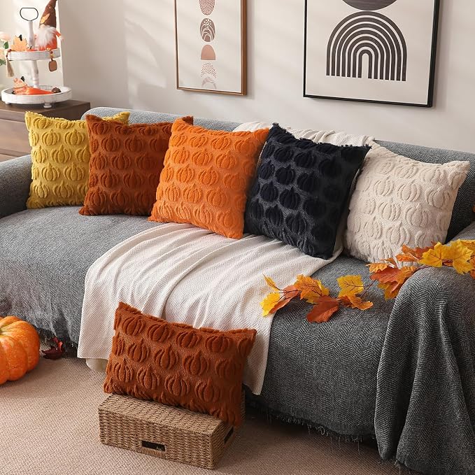 DFXSZ Fall Pillow Covers 18x18 2Pcs Orange Pumpkin Fall Decoration for Home | Fall decor Set of 2 Throw Pillow Cases Soft Plush Faux Fur Wool Couch Cushion for Chair Sofa Bedroom Living Room Home Decor