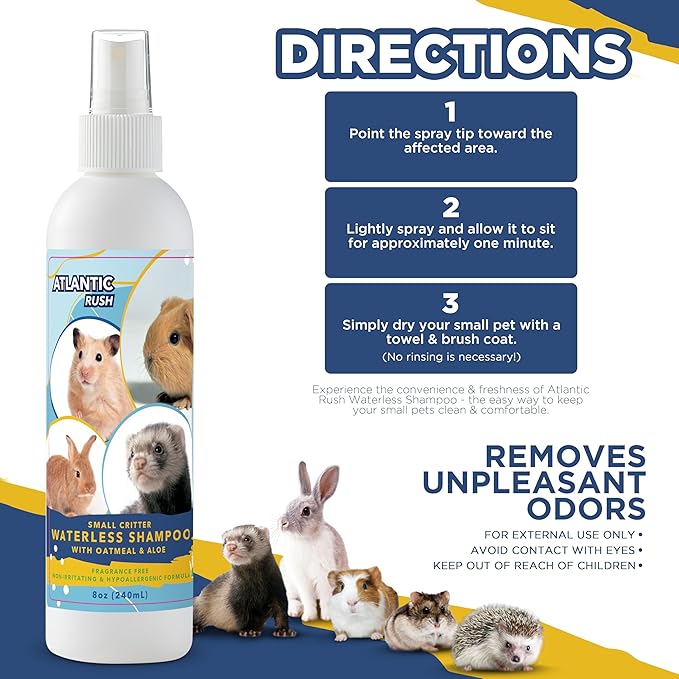 Small Critter Shampoo Bundle - 8oz Fragrance Free & 8oz No Rinse Shampoo for Ferrets, Guinea Pigs, Hedgehogs, Sugar Gliders, Rabbits & Hamsters - Small Animal Complete Bathing Set