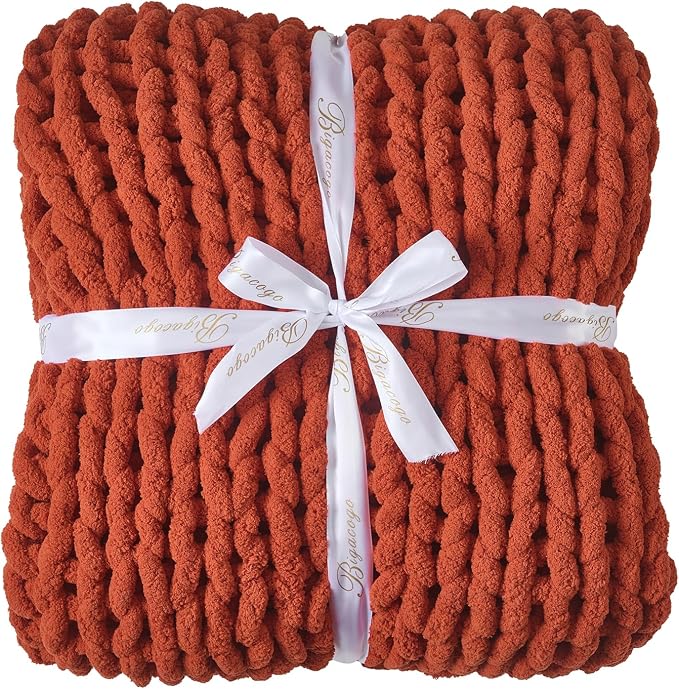Bigacogo Chunky Knit Throw Blanket for Couch, 40x60 inches, Rust Red | Hand Knit with Jumbo Chenille, Soft Breathable Cable Knit for Sofa Bed Living Room, Machine Washable, Gift for Mom Friend