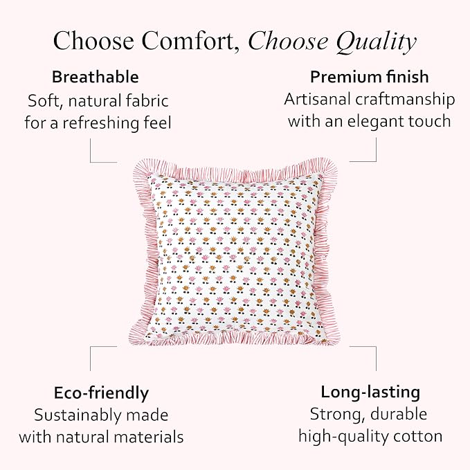 CPC Rosette Bloom Hand Block Print 100% Cotton Ruffle Throw Pillow Cover 20x20 inch with Hidden Zipper Decorative for Couch, Bed, Sofa, Farmhouse, Cottagecore Decor Gift Christmas Fall Thanksgiving