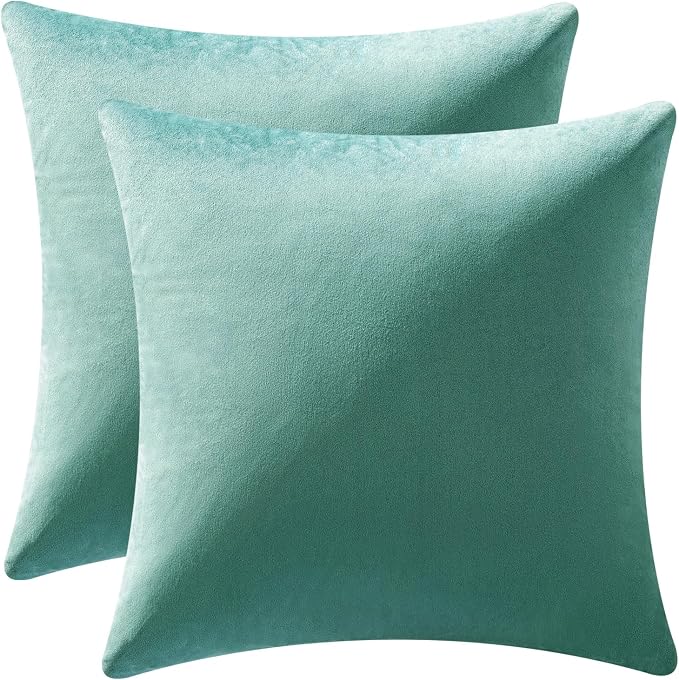 MIULEE 24x24 Inch Pack of 2 Euro Velvet Throw Pillow Covers Aqua Green | Soft Solid Decorative Euro Sham, Modern Luxury Home Decor, for King Bed Sofa Couch Bedroom Livingroom