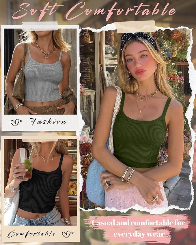 Ficerd 3 Pack Women's Tank Tops 95% Cotton Spaghetti Strap Ribbed Crop Camisole Slim Fitted Basic Summer Sleeveless Layer