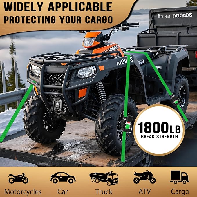 10FT Retractable Ratchet Straps(2-Pack) - 1 Inch (1800 LB Break Strength) Heavy Duty Self Retracting Ratchet Straps with Soft Loops & Storage Bag for Household, Motorcycle, Truck, ATV(Green)