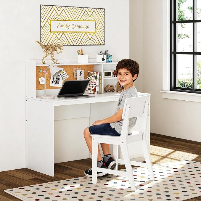 UTEX Wooden Kids Desk and Chair Set with Hutch and Storage for Ages 5-12 | Kids Study Table with Cork Bulletin Board, School Desk, Multi-Zone Storage, Water-based Paint Finish for Study Room