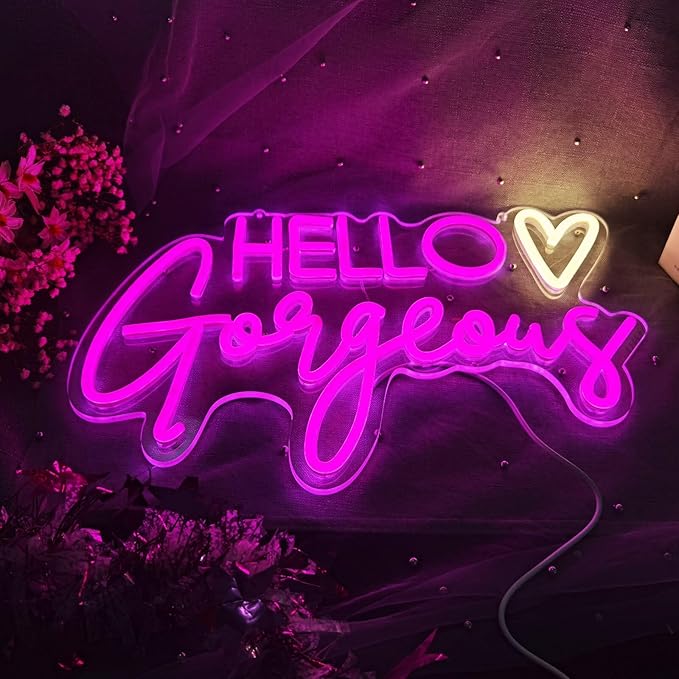 Hello Gorgeous Neon Sign Pink USB LED Neon Lights for Home Wedding Birthday Backdrop Bacelorette Party Decor Room with Dimmable Switch(5V,16.5X10.6inches)