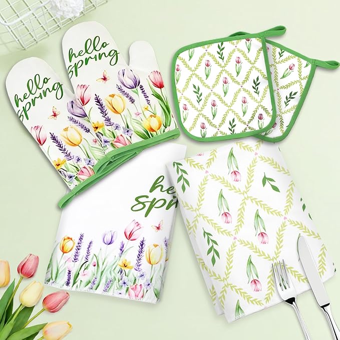 8 Pcs Tulip Floral Spring Style Kitchen Towels and Oven Mitts and Pot Holders Sets 4 Dish Towels 2 Absorbent Square Potholders 2 Heat Resistant Glove for Cooking Baking Home Gifting 