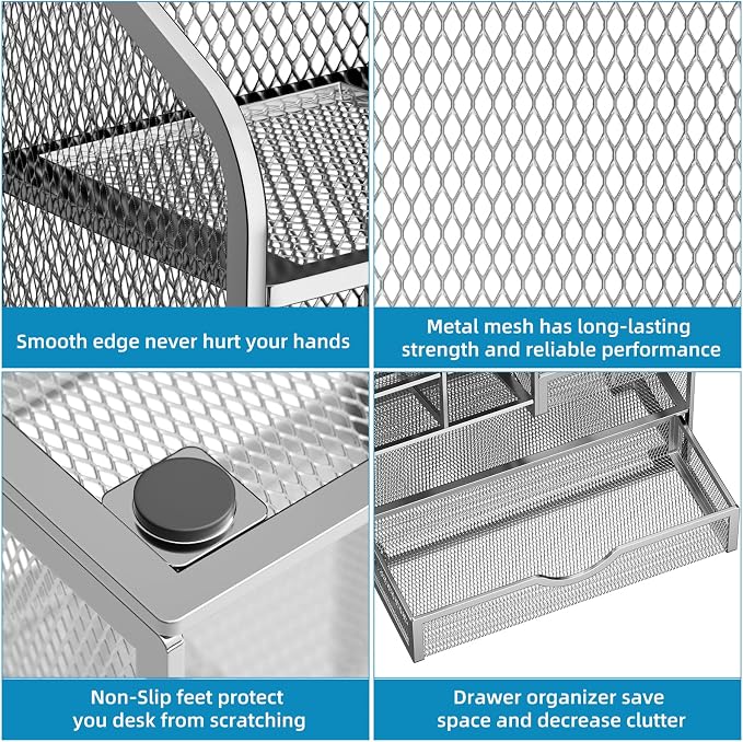 Marbrasse Mesh Pen Holder for Desk, Pen Organizer with Drawer, Multi-Functional Pencil Organizer, Desk Organizers and Accessories for Office Art Supplies (Silver)