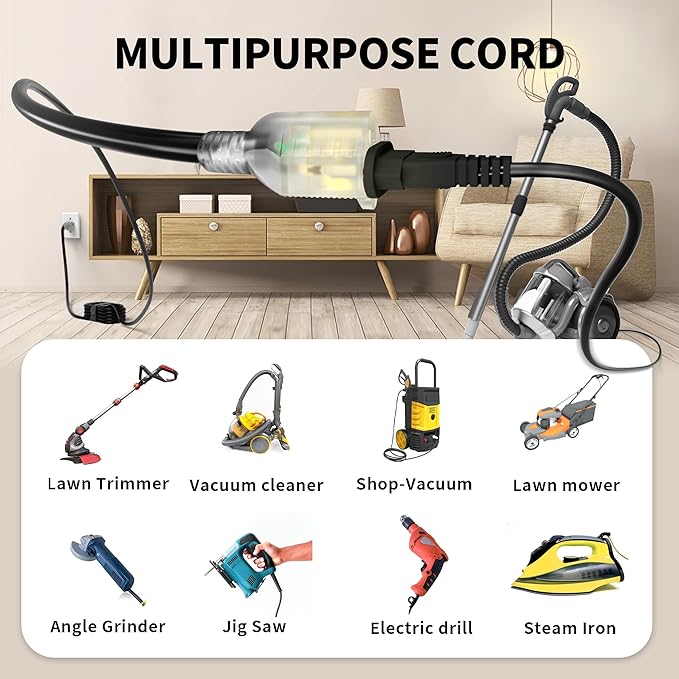 POWGRN 50 Ft 10AWG Black Outdoor Extension Cord Waterproof Heavy Duty 10 Gauge 3 Prong, Flexible Cold-Resistant Long Power Cord Outside with Lighted Indicator End, 15Amp 1875W SJTW ETL Listed
