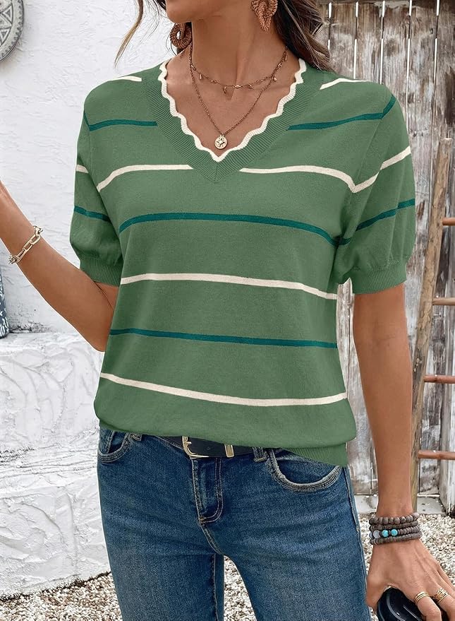 Dokotoo Womens Summer Short Sleeve Knit Tops 2026 Spring Trendy Casual V Neck Striped Sweater Blouses