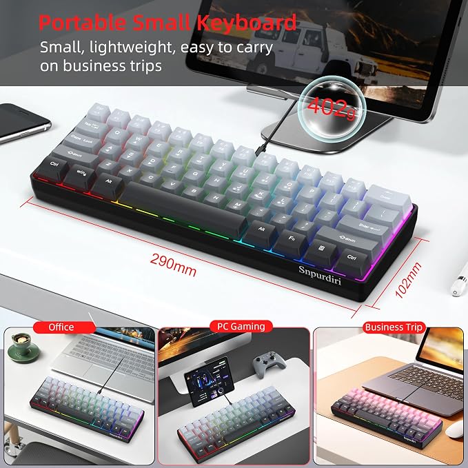 Snpurdiri 60% Wired Gaming Keyboard, 61 Keys RGB (Grey-Black) | Backlit Ultra-Compact Small Gaming Keyboard, for PC/Mac Gamer, Typist, Travel, Easy to Carry on Business Trip