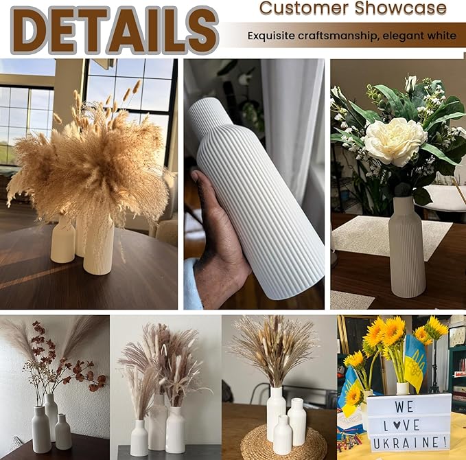 Glossy Black Ceramic Vases Set of 3 - Modern Ribbed Vases for Fresh Flowers & Pampas Grass - Minimalist Decorative Centerpieces for Coffee Table, Mantle, Entryway & Office