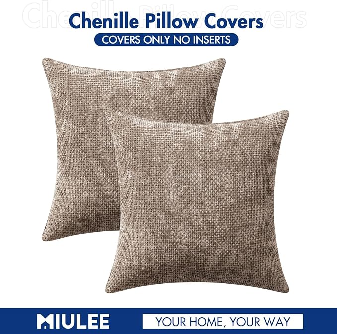 MIULEE Decorative Couch Throw Pillow Covers 20x20 Inch Light Khaki 2 Pack | Modern Boho Accent, Soft Chenille Pillow Covers, Farmhouse Cushion Cases for Home Decor Bed Sofa Living Room