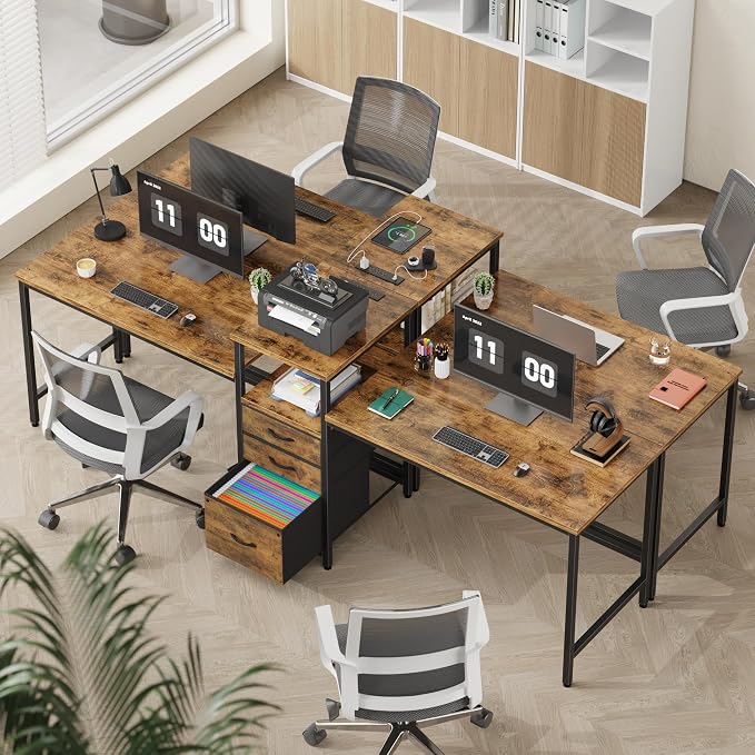 GYIIYUO 93'' Two Person Desk with Charging Station, Long Desk with 3 Drawer | Double Computer Desk with Printer Shelf, 2 Person Writing Study Table Workstation for Home Office, Rustic Brown