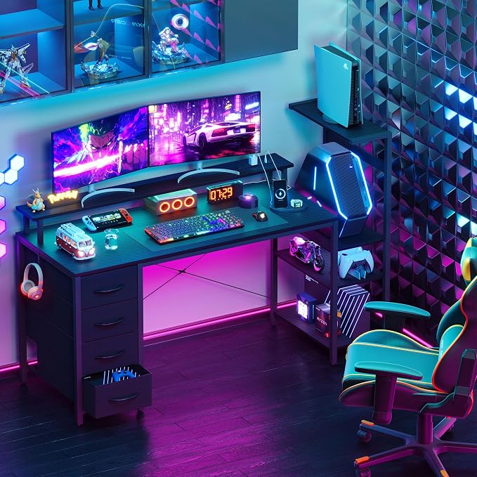 59 Inch Gaming Desk with Drawers & PC Tower Stand & LED Lights, Black | Reversible, Monitor Shelf, Power Outlets, Carbon Fiber, Mesa Gamer, Computer Desk with Storage, Gaming Table for Home Office