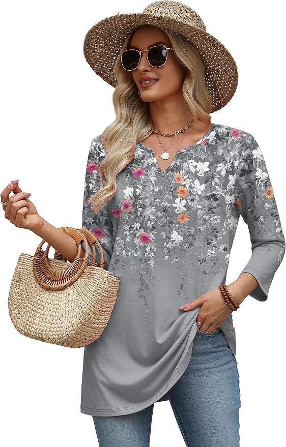 OFEEFAN Summer Boho Tops For Women 3/4 Length Sleeve Womens Tops Vacation Outfits