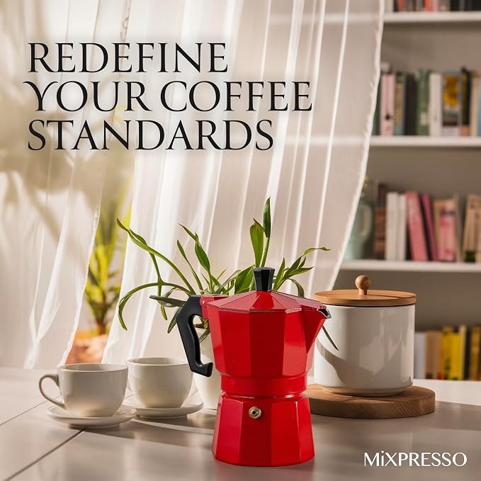 Mixpresso 3 Cup Moka Pot Stovetop Espresso Maker, Italian Cuban Coffee Pot | 5oz aluminum Italian coffee maker for gas and electric stovetops, small design for traditional coffee at home, Mug 4.4 Oz