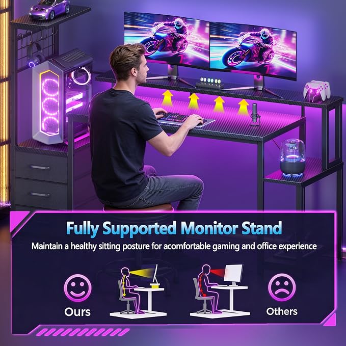Korfile 55 Inch Gaming Desk with Bluetooth LED Lights & Power Outlets,Computer Desk with Fabric Drawers & Hooks,Reversible Gamer Table with Monitor Stand for Game Room,Home Office,Carbon Fiber Black | Reversible,Computer Desk, Gamer Table, Bluetooth LE...
