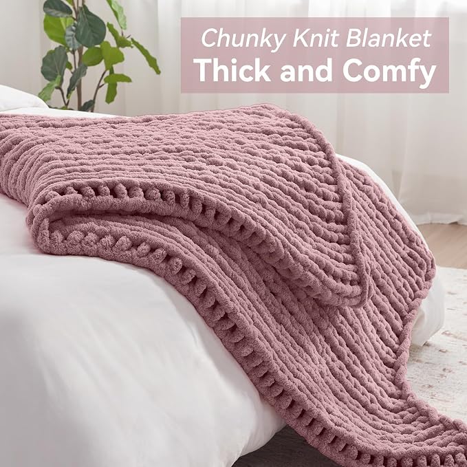 Negwoo Chunky Knit Throw Blanket, Knitted Throw Chenille Yarn, 50"*60" | Soft Thick Cable Knitted Blankets, Handmade Big Thick Blanket, Machine Washable Cute Comfy Blanket for Home Decor, Muted pink
