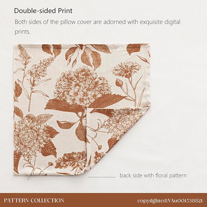 Foindtower Set of 2 Linen Floral Throw Pillow Covers Vintage Accent Print Decorative Cozy Cushion Covers Farmhouse Boho Home Decor for Sofa Chair Couch Bedroom Living Room,18×18 Inch,Autumn Orange