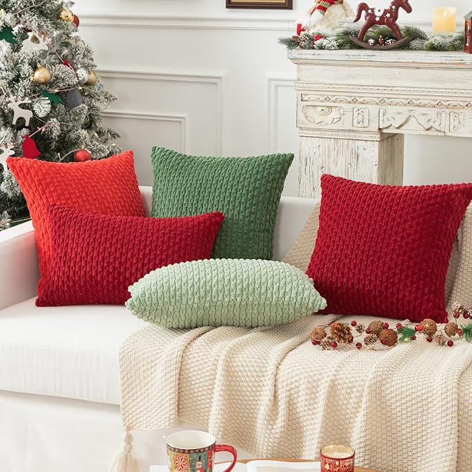Kevin Textile Soft Corduroy 14"x24" Lumbar Pillow Cover 1 Pack, Red | Boho Stripe Plush Corduroy Decorative Oblong Cushion Cover Modern Farmhouse Home Decor for Sofa Couch Bed Chair