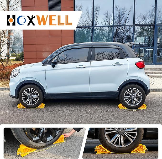 HOXWELL 2 Pair Wheel Chocks with Rope & Handle Design for Travel Trailers, Non Slip Yellow Wheel Chock, Lightweight Wheel Stoppers for Cars Campers Trucks RVs, Easy to Carry