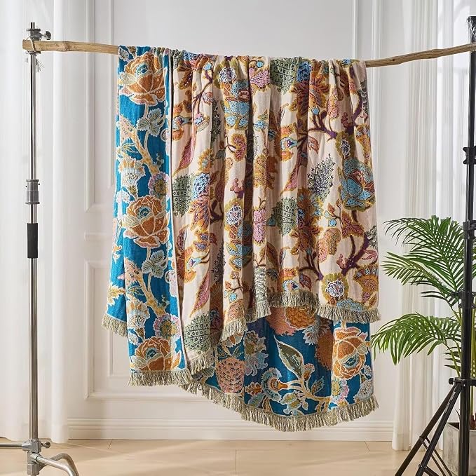 Boho Throw Blanket Farmhouse Decor Throw Blanket Bohemian Blanket for Bed 100% Cotton Muslin Woven Couch Blanket All Seasons Quilt Bedroom (E-Beige, 50"x60")