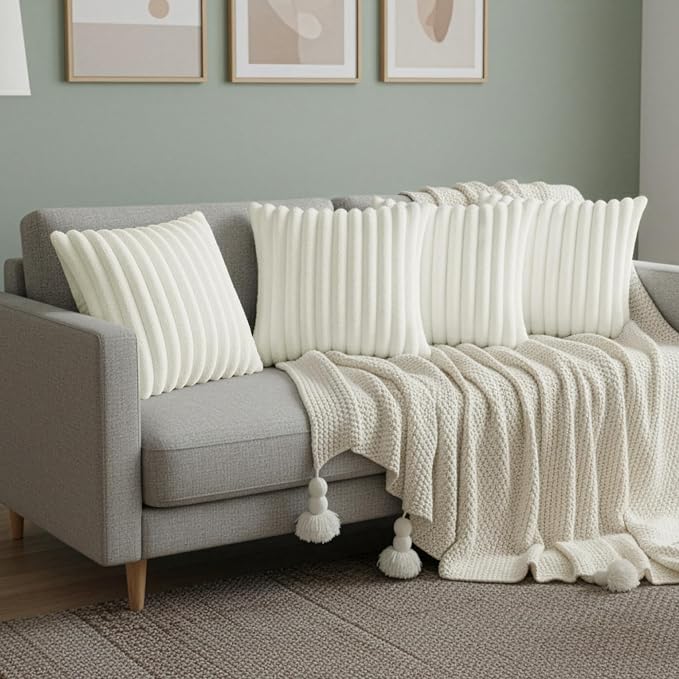 Cream White Throw Pillow Covers 20 x 20 set of 4, Cute Boho Throw Pillow Cover for Couch/Bed, Decorative Pillows Covers for Sofa/Bed, Accent Pillow Covers for Living Room, Rustic/Home/Room Decor