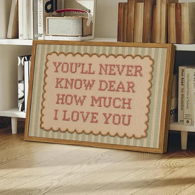 Framed You'll Never Know Dear How Much I Love You Wall Art, Vintage Nursery Pink Green Striped Pictures Wall Decor, Inspirational Quote Paintings Canvas Prints for Girl Bedroom Living Room 16x24 inch