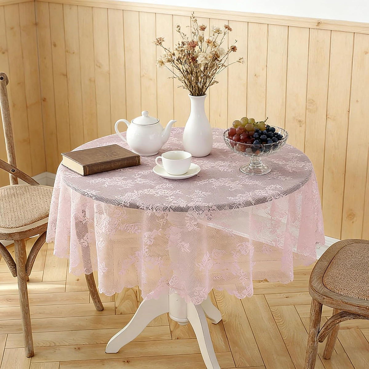 Round Tablecloth Rustic Tablecloth or as Elegant Lace Table Cloth (Pink, 70in(Round)