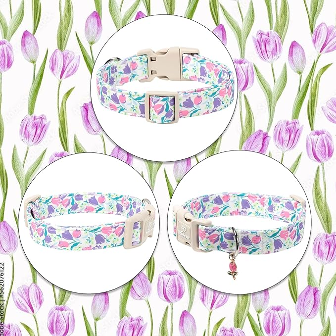 Floral Dog Collar for Large Dogs - Pink Purple Tulips Print Dog Collars, Spring Summer Cute Flower Puppy Collar, Lightweight Adjustable April Holiday Boy Girl Dogs Collars L