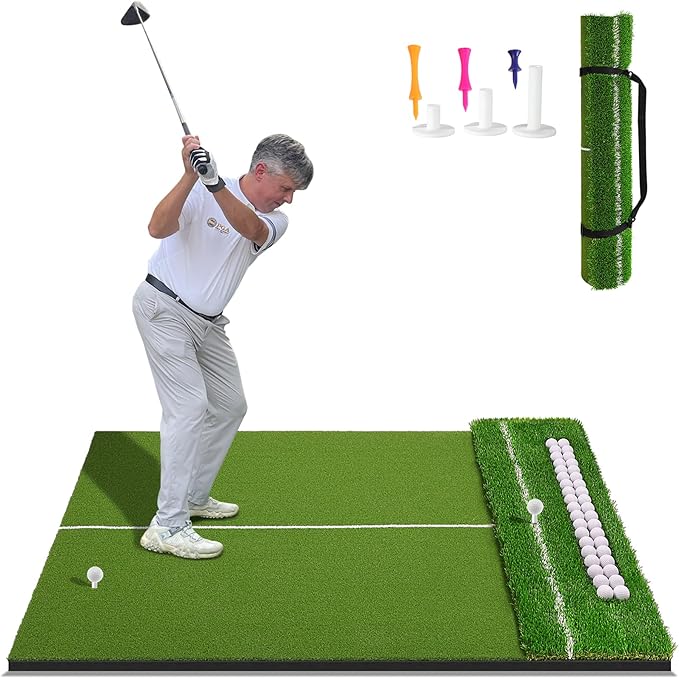 Dual-Turf 45/50MM Golf Hitting Mat, Built-in Ball Tray, Alignment Aid, Golf Mat Practice Outdoor & Indoor, Driving Chipping Putting in Backyard Garage Basement, Gift for Men Dad Golfer