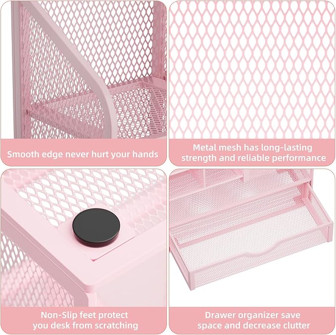 Marbrasse Mesh Desk Organizer with Drawer, Multi-Functional Pencil Organizer, 12 Compartments, Pink, Modern, Minimalist