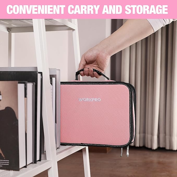 WORKPRO Pink Tool Set - 100 Pieces Pink Tool Kit with Easy Carrying Pouch, Household Tool Kit for Home, Apartment, Office, College, Perfect for DIY Projects, Home Maintenance - Pink Ribbon