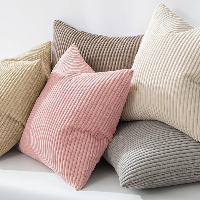 MIULEE Decorative Corduroy Throw Pillow Covers Set of 2 18x18 Pink | Soft Striped Textured Cushion Cases, Boho Square Lovely Cute Pillowcases, Home Decor for Couch Chair Sofa Bed Living Room