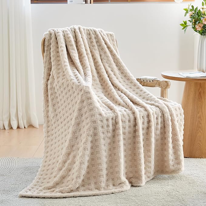 NEWCOSPLAY 3D Waffle Checkered Flannel Queen Blanket, Linen, 90"x90" | Super Soft Cute Lightweight Decorative Premium Silky Fleece Blanket for Couch Sofa Bed, Gift for Women Men, All Season Use